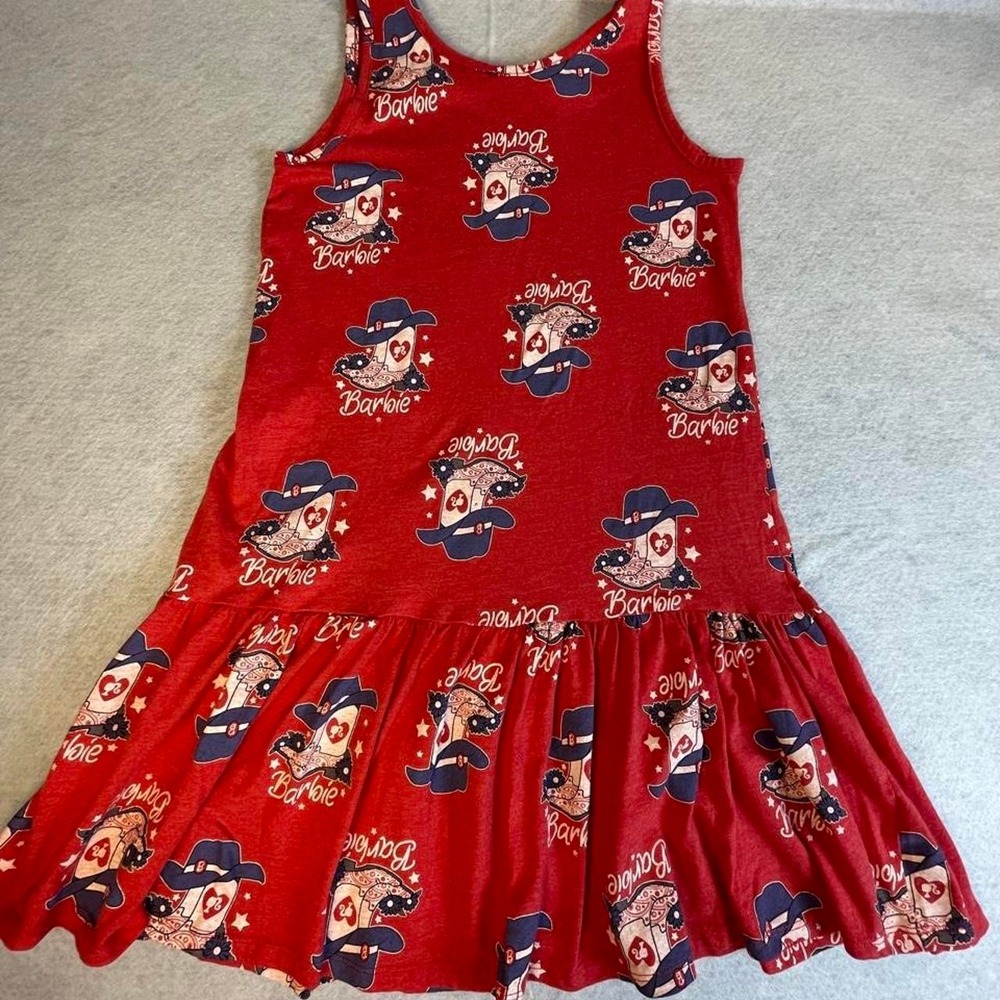 Girls Barbie red tank dress Large 10/12 Cowgirl boots with cowgirl hat pattern.
